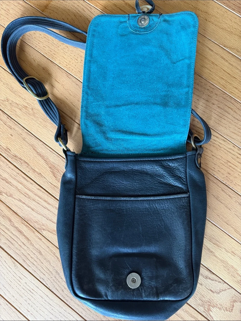 Men's Black Leather Crossbody Bag with Teal Panel